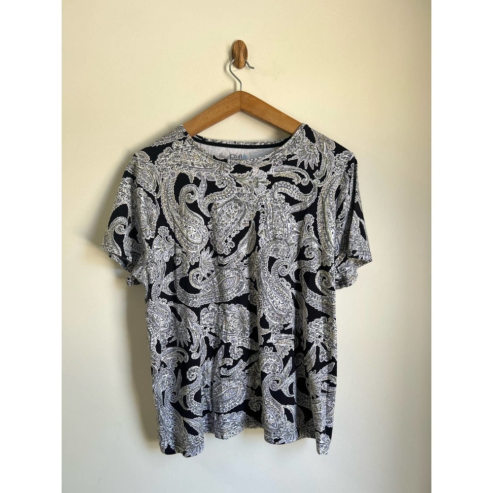 Croft & Barrow Black White Scoop Neck Paisley Cotton Short Sleeve Blouse 1X